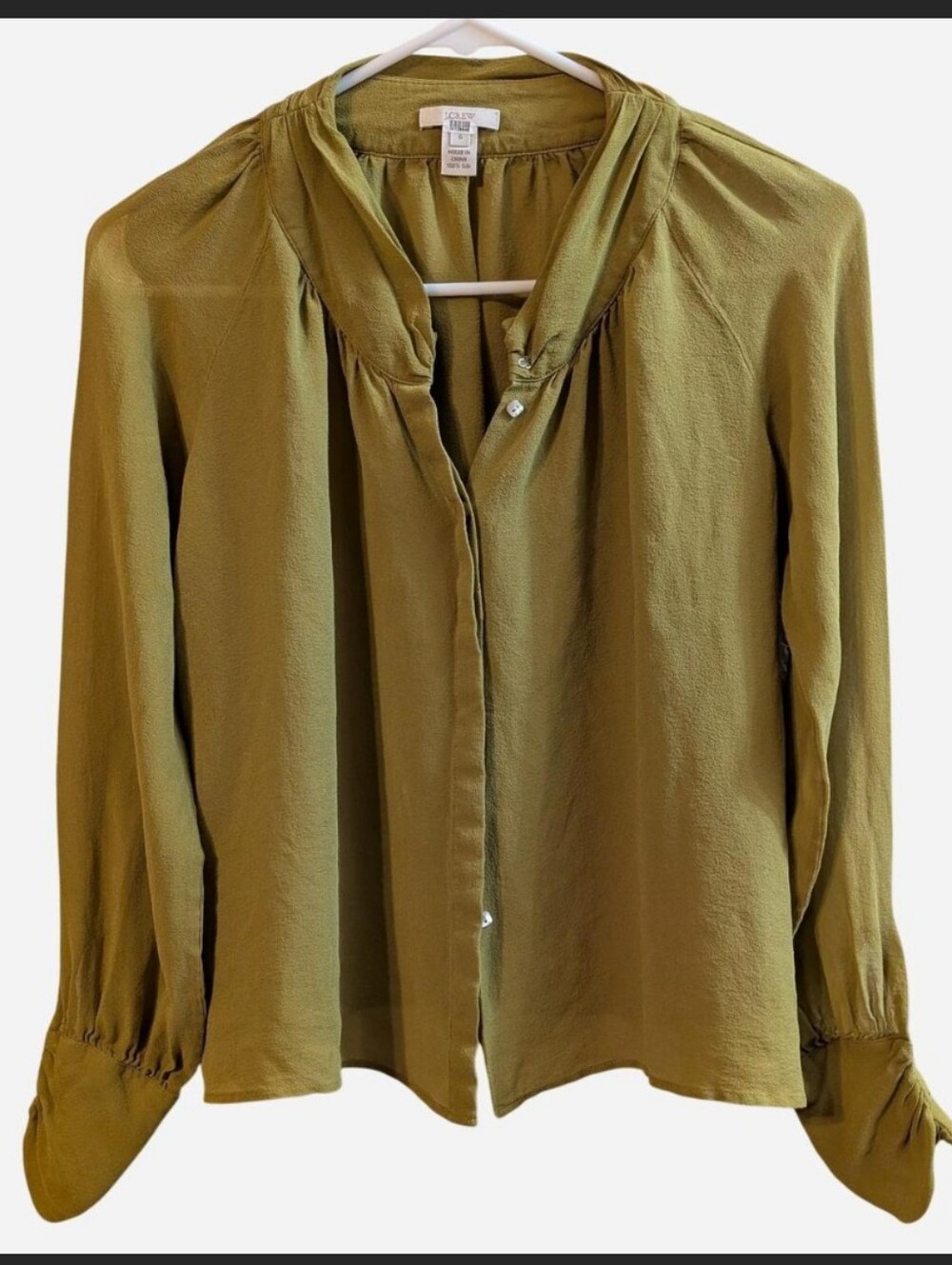 J. Crew 100% Silk Dark Chartreuse Green Semi-sheer Blouse, Size 6